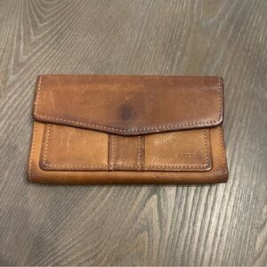 Vintage Fossil Women's Tan Cognac Cow Leather Snap Close Wallet Checkbook Holder